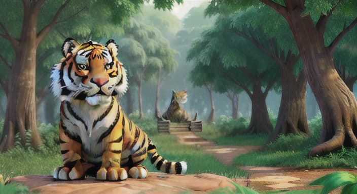  {The tiger is sitting under a big tree, looking expectantly at the jungle around him., The tiger's fur is glossy and his tail swishes with excitement.