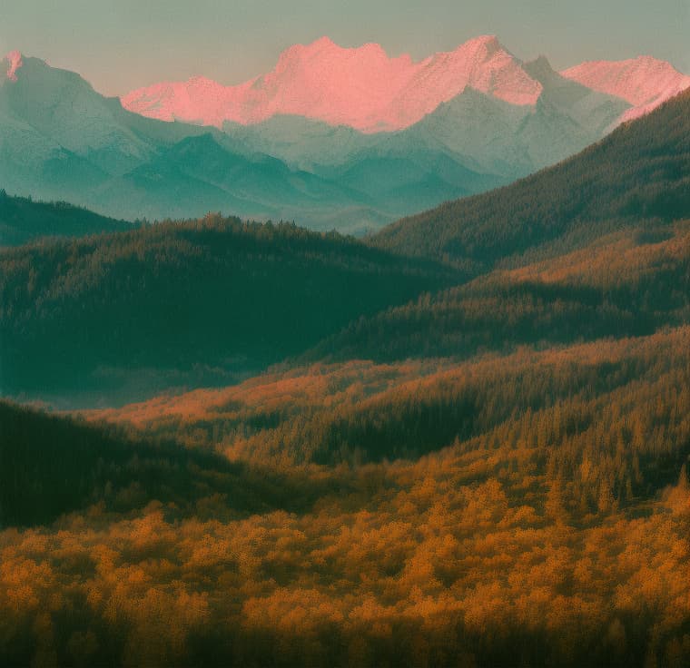 analog style a serene mountain landscape at sunset. 8k digital render.