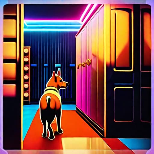  a dog A stylish young GenZ man in Retro fashion outfit walking out of retro closet, Neon lighting, Pixar 3d design, 3D animation, unreal engine, epic lighting, 3D, in the style of rhads, disney animation, 32k uhd