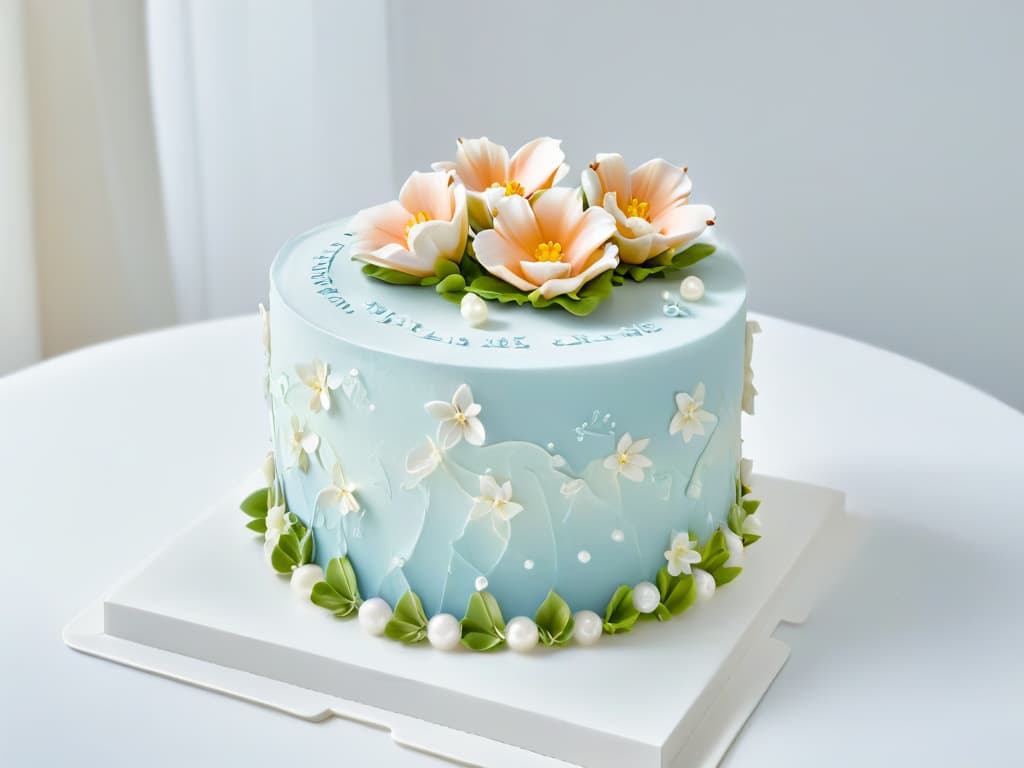  A highresolution, ultradetailed image of a beautifully decorated cake with intricate frosting designs in pastel colors, set against a clean, white background. The cake is adorned with delicate sugar flowers, elegant piping details, and shimmering edible pearls, creating a visually stunning and visually appealing centerpiece. hyperrealistic, full body, detailed clothing, highly detailed, cinematic lighting, stunningly beautiful, intricate, sharp focus, f/1. 8, 85mm, (centered image composition), (professionally color graded), ((bright soft diffused light)), volumetric fog, trending on instagram, trending on tumblr, HDR 4K, 8K