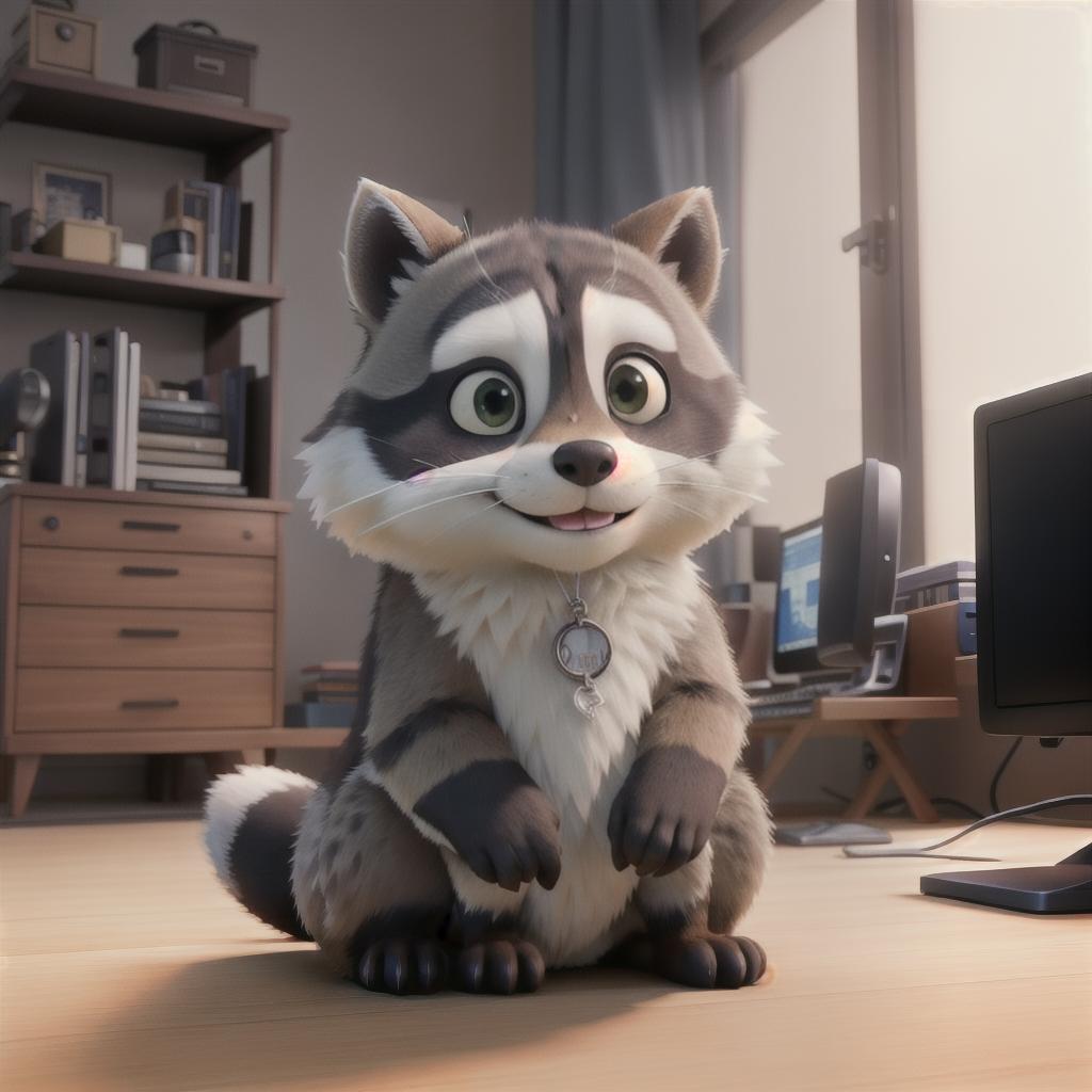  raccoon sitting in gaming chair front a computer on desktop, ((semi anthropomorphic)),(full body), tail, belly, sitting, fat, (chubby), (((white background))), solo, desktop, gaming chair, side view,  [[[clothes]]] hyperrealistic, full body, detailed clothing, highly detailed, cinematic lighting, stunningly beautiful, intricate, sharp focus, f/1. 8, 85mm, (centered image composition), (professionally color graded), ((bright soft diffused light)), volumetric fog, trending on instagram, trending on tumblr, HDR 4K, 8K