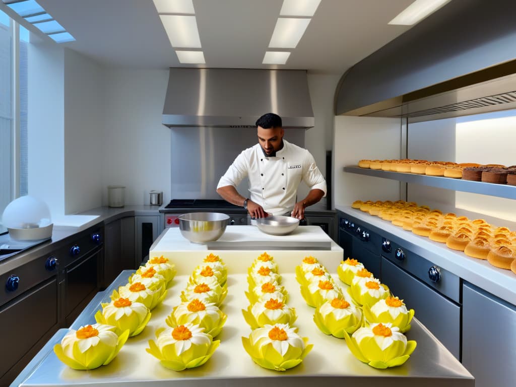  An ultradetailed image of a sleek, modern bakery kitchen with stainless steel countertops, gleaming marble floors, and spotless white walls. The image features a professional pastry chef meticulously crafting a delicate and intricate sugar flower, the vibrant colors of the petals popping against the pristine backdrop. Sunlight streams in through a large window, casting a soft, warm glow over the scene and highlighting the chef's focused expression as they work with precision and artistry. The overall aesthetic is clean, elegant, and aspirational, conveying a sense of professionalism and expertise in the world of pastry and merchandising collaborations. hyperrealistic, full body, detailed clothing, highly detailed, cinematic lighting, stunningly beautiful, intricate, sharp focus, f/1. 8, 85mm, (centered image composition), (professionally color graded), ((bright soft diffused light)), volumetric fog, trending on instagram, trending on tumblr, HDR 4K, 8K