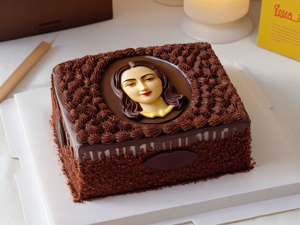  A minimalist yet highly detailed image of a chocolate portrait recreated on a cake, showcasing intricate shading and texture to depict a classic masterpiece like Leonardo da Vinci's Mona Lisa or Vincent van Gogh's selfportrait. The image should capture the essence of fine artistry and culinary skill, with rich cocoa tones contrasting against a simple, elegant background, highlighting the meticulous technique of chocolate painting. hyperrealistic, full body, detailed clothing, highly detailed, cinematic lighting, stunningly beautiful, intricate, sharp focus, f/1. 8, 85mm, (centered image composition), (professionally color graded), ((bright soft diffused light)), volumetric fog, trending on instagram, trending on tumblr, HDR 4K, 8K