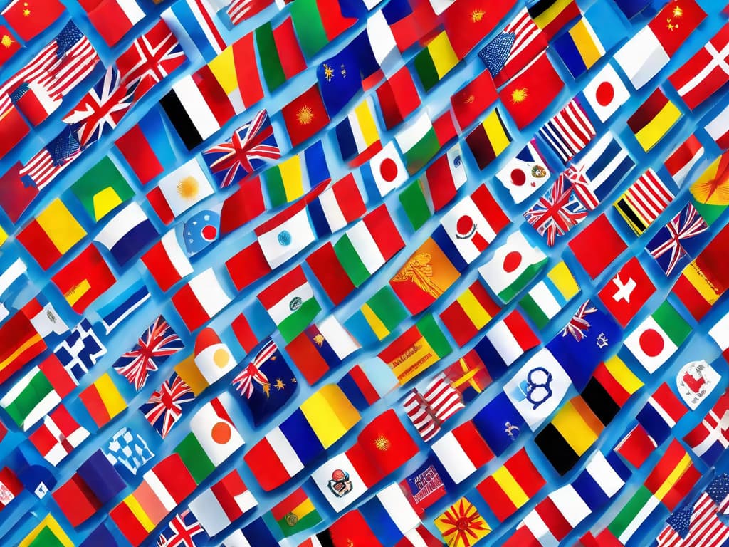  A colorful array of international flags waving in the wind against a bright blue sky backdrop. digital art, ilustration hyperrealistic, full body, detailed clothing, highly detailed, cinematic lighting, stunningly beautiful, intricate, sharp focus, f/1. 8, 85mm, (centered image composition), (professionally color graded), ((bright soft diffused light)), volumetric fog, trending on instagram, trending on tumblr, HDR 4K, 8K