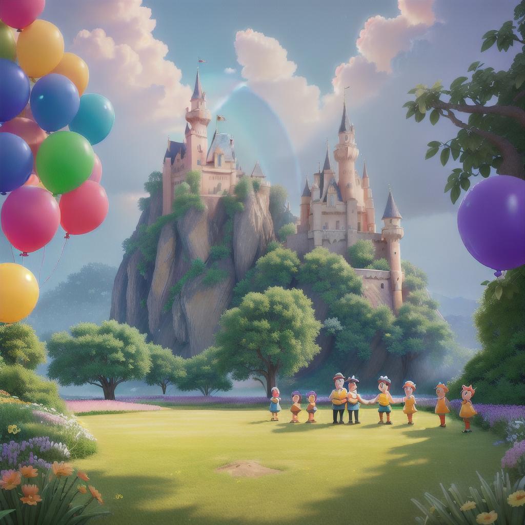 ((masterpiece)),(((best quality))), 8k, high detailed, ultra-detailed, warm welcome Disney cartoon style colorful, a group of children holding balloons and smiling, (a big rainbow in the sky), (a castle in the background), (lush green meadows), (butterflies flying around) hyperrealistic, full body, detailed clothing, highly detailed, cinematic lighting, stunningly beautiful, intricate, sharp focus, f/1. 8, 85mm, (centered image composition), (professionally color graded), ((bright soft diffused light)), volumetric fog, trending on instagram, trending on tumblr, HDR 4K, 8K