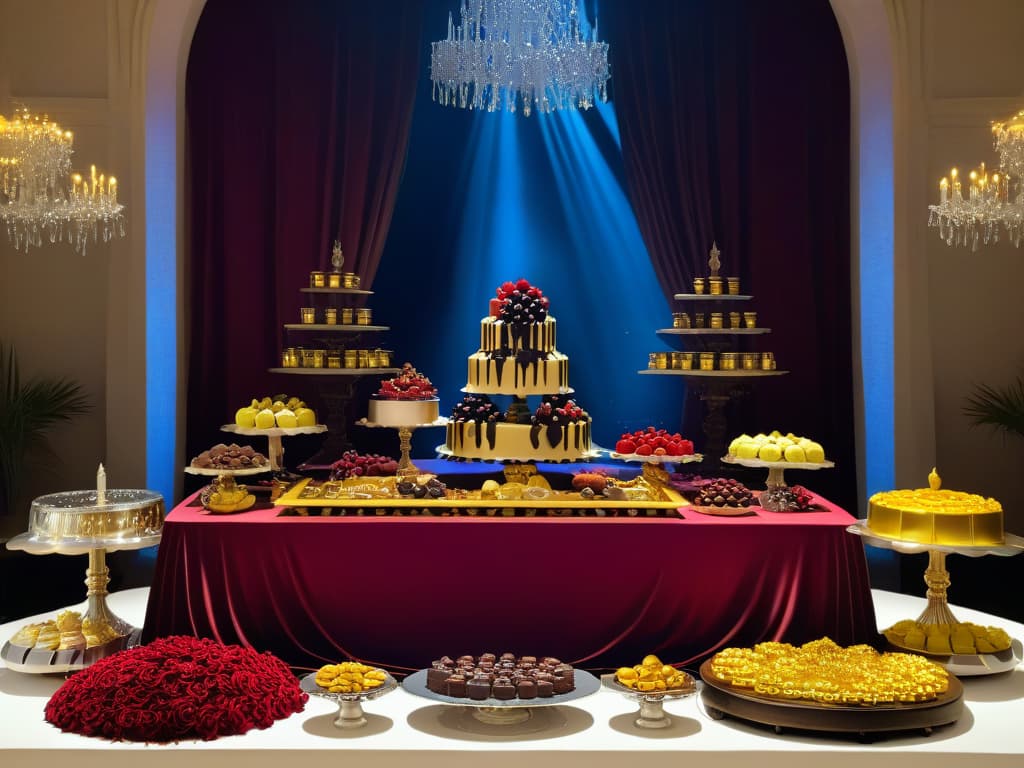  An ultradetailed, photorealistic image of a decadent baroque dessert table inspired by Caravaggio's rich color palette and dramatic lighting. The table is adorned with ornate silver platters overflowing with elaborate desserts such as intricately decorated cakes, shimmering fruit tarts, and glistening chocolates, all set against a backdrop of lush velvet drapes and golden candlelight. Each dessert is a work of art, meticulously crafted to resemble elements from Caravaggio's iconic paintings, creating a sumptuous feast for the eyes. hyperrealistic, full body, detailed clothing, highly detailed, cinematic lighting, stunningly beautiful, intricate, sharp focus, f/1. 8, 85mm, (centered image composition), (professionally color graded), ((bright soft diffused light)), volumetric fog, trending on instagram, trending on tumblr, HDR 4K, 8K