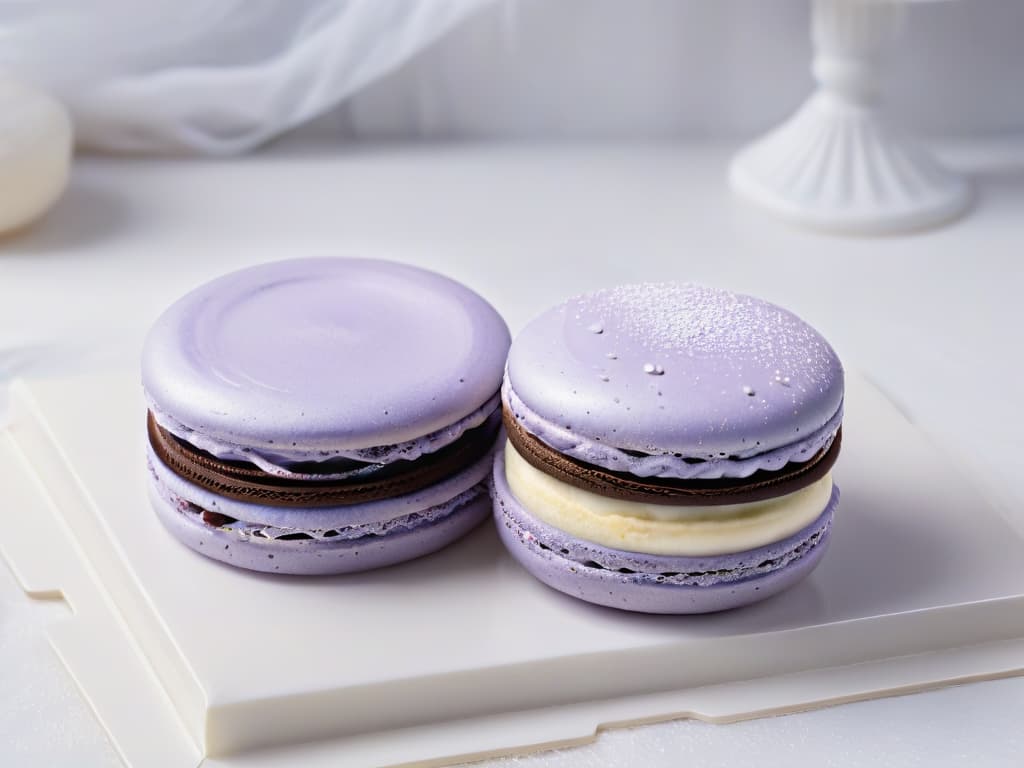  A closeup, ultradetailed image of a delicate lavender macaron with a smooth, glossy surface, showcasing intricate ridges and a pastel purple hue that fades into a soft cream color. The macaron is elegantly placed on a pristine white marble countertop, with subtle natural light casting a gentle shadow, highlighting its flawless texture and subtle floral essence. hyperrealistic, full body, detailed clothing, highly detailed, cinematic lighting, stunningly beautiful, intricate, sharp focus, f/1. 8, 85mm, (centered image composition), (professionally color graded), ((bright soft diffused light)), volumetric fog, trending on instagram, trending on tumblr, HDR 4K, 8K