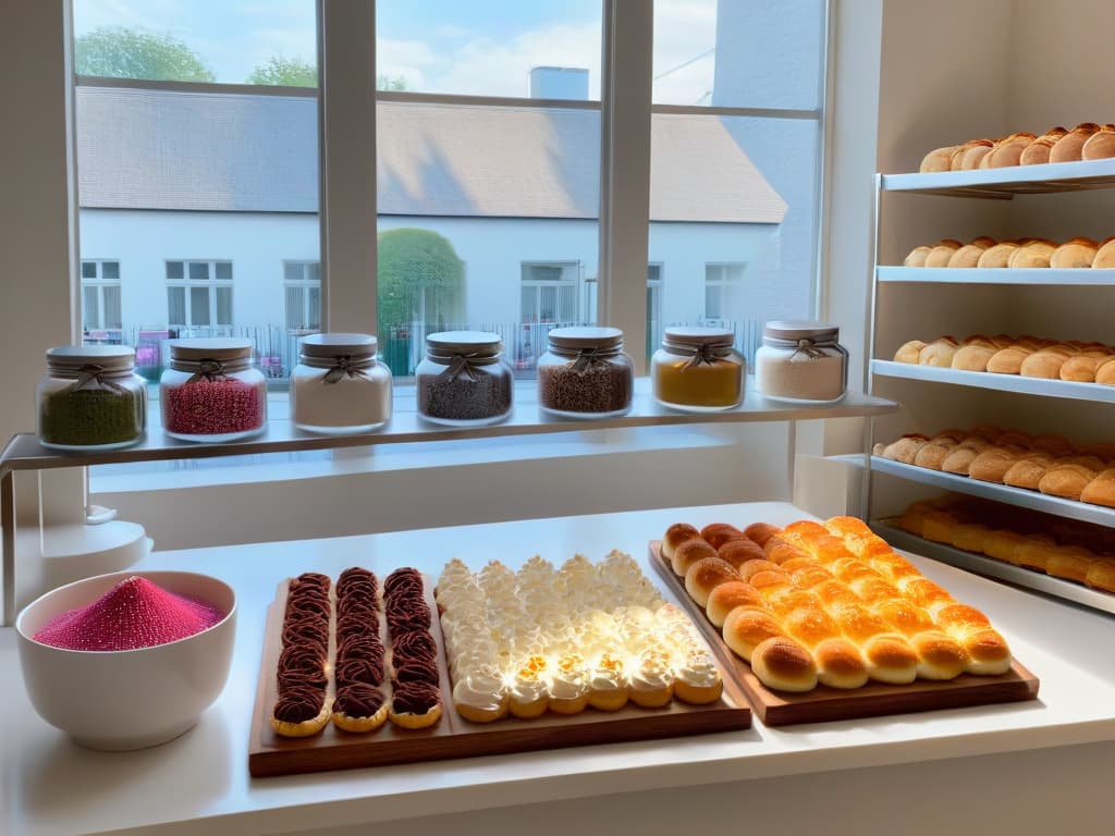  A sleek, minimalistic kitchen workspace with an organized baking station featuring pristine white countertops, neatly arranged jars of colorful sprinkles, an array of perfectly aligned baking tools hanging on a stainless steel rack, and a row of freshly baked pastries cooling on a wire rack in the background. Sunlight streams in through a large window, casting a soft, warm glow over the immaculate space, creating a serene and inviting atmosphere for creativity and productivity in the art of baking. hyperrealistic, full body, detailed clothing, highly detailed, cinematic lighting, stunningly beautiful, intricate, sharp focus, f/1. 8, 85mm, (centered image composition), (professionally color graded), ((bright soft diffused light)), volumetric fog, trending on instagram, trending on tumblr, HDR 4K, 8K