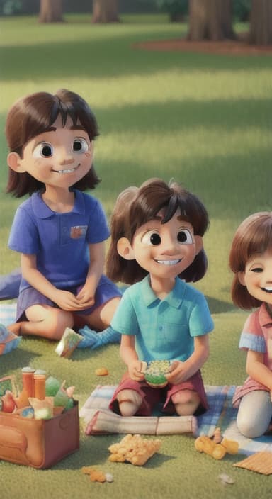  {Kids sitting around a picnic blanket, enjoying juice boxes and snacks., Children happily eating snacks, with crumbs on their faces and big smiles.