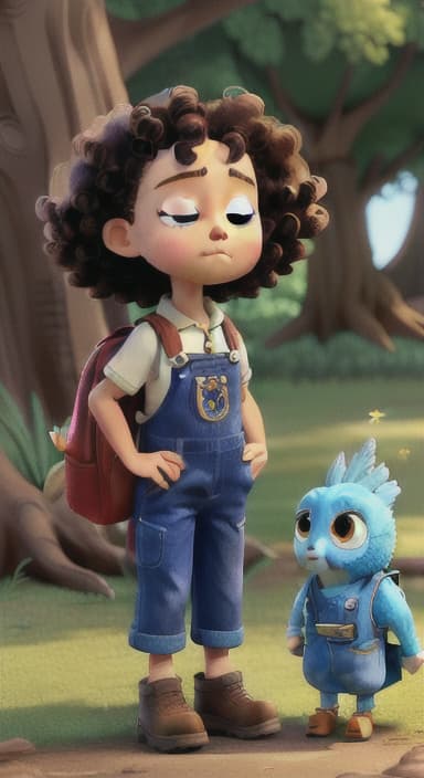  {Riley standing under the tree with eyes closed, making the wish., Riley, a curious with big brown eyes and curly hair, wearing overalls and carrying a small backpack. Their friend, Skye, a bluebird with shiny feathers.