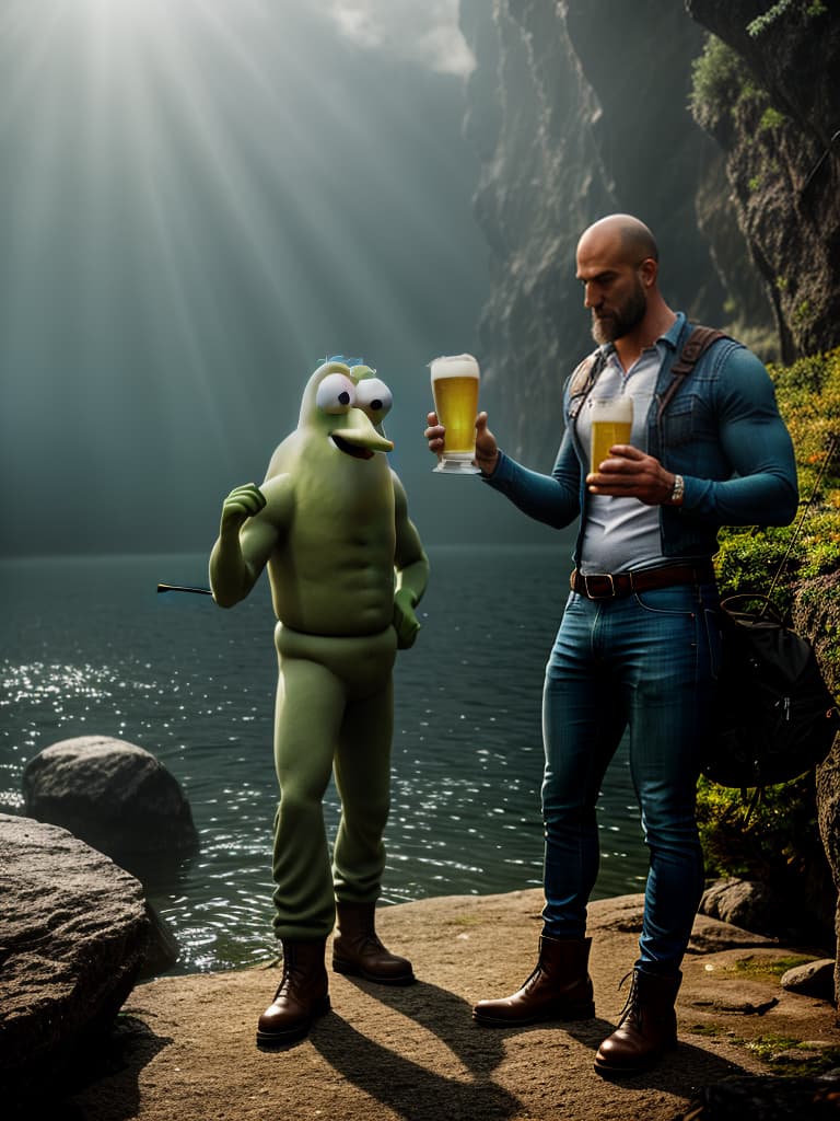  Squidward and Spongebob drink beer while fishing hyperrealistic, full body, detailed clothing, highly detailed, cinematic lighting, stunningly beautiful, intricate, sharp focus, f/1. 8, 85mm, (centered image composition), (professionally color graded), ((bright soft diffused light)), volumetric fog, trending on instagram, trending on tumblr, HDR 4K, 8K