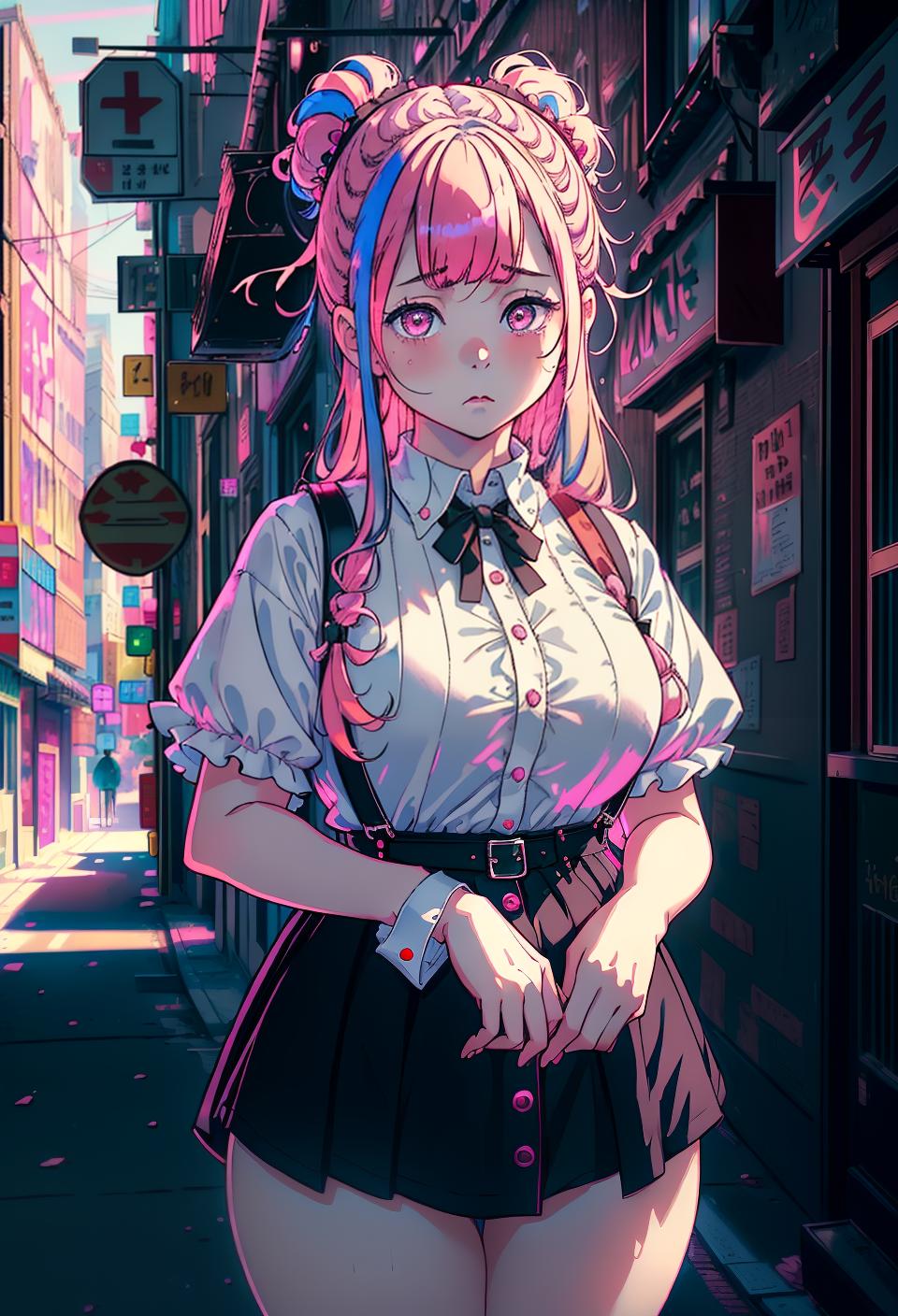  ((trending, highres, masterpiece, cinematic shot)), 1girl, young, chubby, female Amish outfit, city scene, long spiked pink hair, parted bangs, narrow rainbow-colored eyes, naive personality, sad expression, very pale skin, morbid, lucky