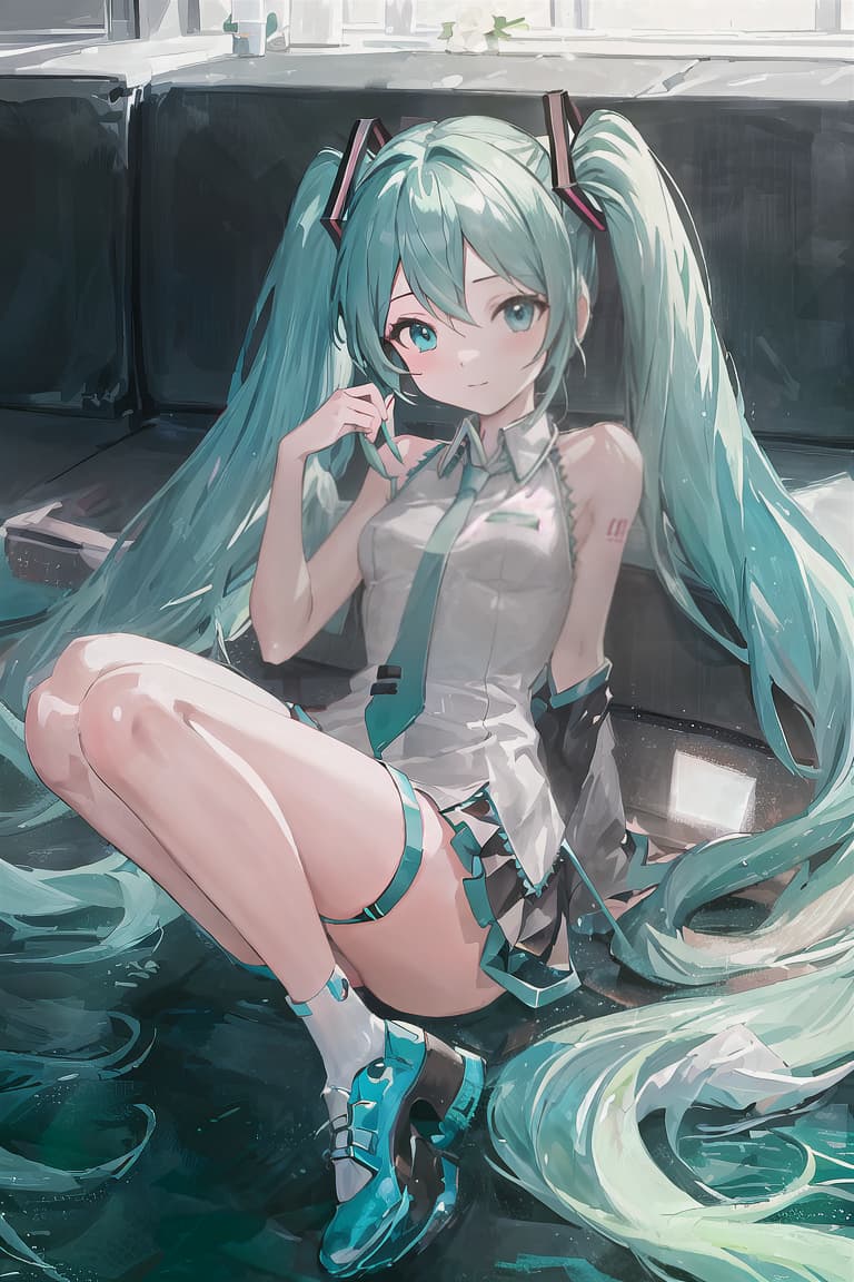  master piece , best quality,masterpiece,best quality,hatsune miku,very long hair,twintails,aqua hair,aqua eyes