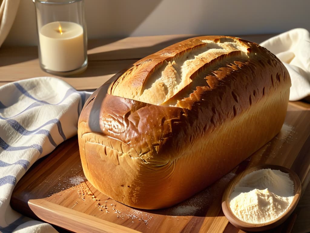  A photorealistic image of a beautifully goldenbrown artisan loaf of bread, perfectly scored on the top, sitting on a rustic wooden cutting board with scattered flour around, a vintage kitchen towel peeking from underneath, and a ray of warm sunlight streaming in, highlighting the texture and crust of the bread. hyperrealistic, full body, detailed clothing, highly detailed, cinematic lighting, stunningly beautiful, intricate, sharp focus, f/1. 8, 85mm, (centered image composition), (professionally color graded), ((bright soft diffused light)), volumetric fog, trending on instagram, trending on tumblr, HDR 4K, 8K