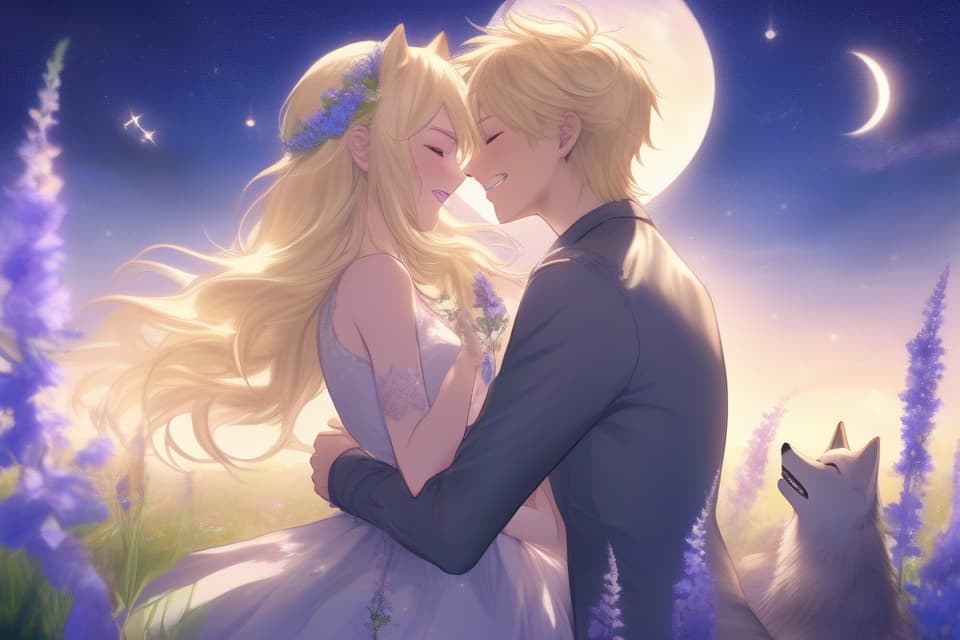  (優しいイラスト風)(starry sky)(crescent moon) masterpiece,(lovers)(gazing at each other){male,wolf beastman,blond hair,blue eyes,wolf ears,tall,handsome,smiling}{female,beautiful ,blond hair,blue eyes,,slim,smiling}(at meadow where heather blooms)high quality,8k