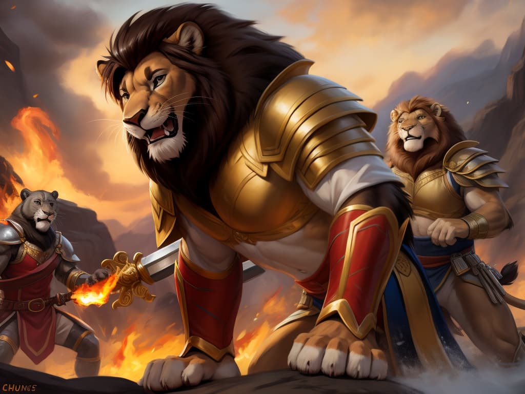  By chunie, by Zaush, portrait, full body, full view, photorealistic, duo, anthro, male, lion, scar on face, two lions in a battlefield fight against each other , hold a weapon, fighting, roaring, angry expression, rage, clenching weapons, red and gold armor:2, golden sword, surrounded by flames, fireland, fire in background, ultra detailed flame, ultra detailed red and gold armor, sfw, thick body, muscular body, stare at the camera, open eyes, digital art, masterpiece, 4k, fine details,