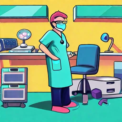  Create a humorous caricature of a doctor in surgical attire and mask, playing with a PS5 controller in an operating room, with medical tools in the background, in a colorful and cheerful style.