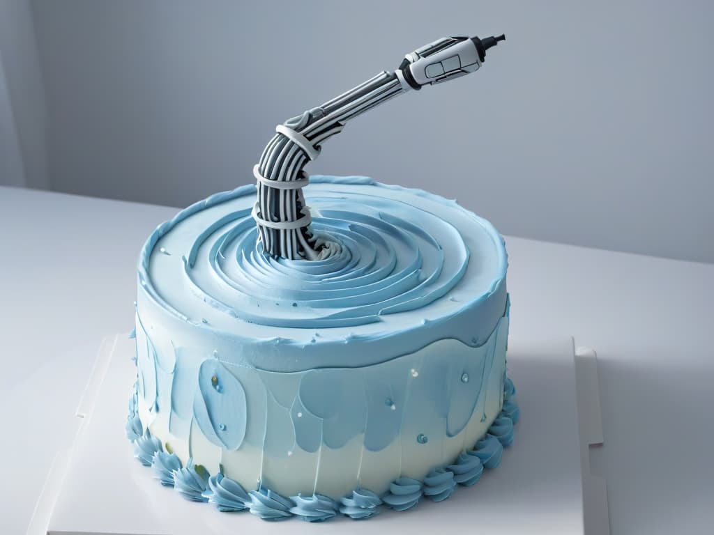  An ultradetailed closeup image of a sleek, silver robotic arm delicately piping intricate swirls of frosting onto a perfectly crafted cake, set against a soft, blurred background to emphasize the precision and artistry of robotic technology in the field of pastry education. hyperrealistic, full body, detailed clothing, highly detailed, cinematic lighting, stunningly beautiful, intricate, sharp focus, f/1. 8, 85mm, (centered image composition), (professionally color graded), ((bright soft diffused light)), volumetric fog, trending on instagram, trending on tumblr, HDR 4K, 8K