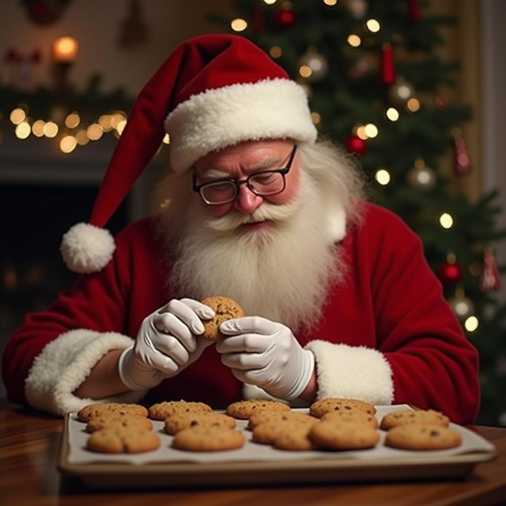  good quality, high quality, santa enjoys freshly baked cookies in a cozy setting, surrounded by festive decorations, evoking holiday warmth and joy.