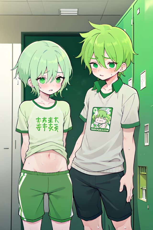  Green haired boys who are sweaty and sweaty, lean on a locker and have a hips