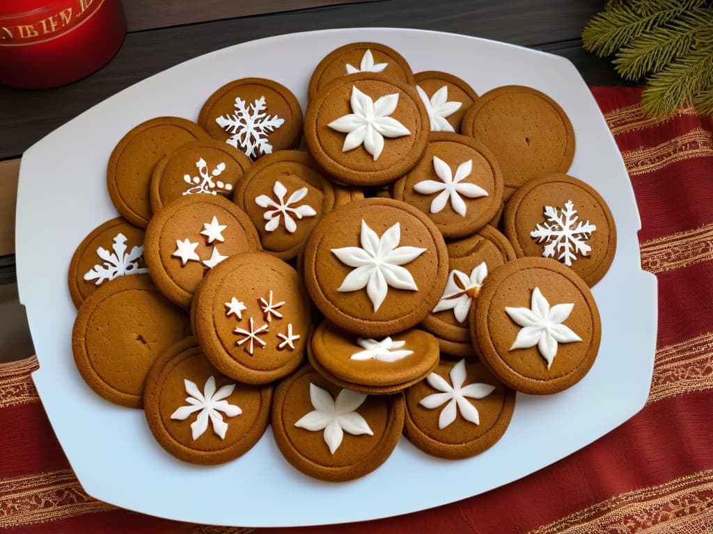  A closeup, ultradetailed image of freshly baked gingerbread cookies arranged on a rustic wooden table. The cookies are intricately decorated with white icing in delicate snowflake patterns, creating a festive and inviting holiday scene. The golden brown cookies are perfectly baked, emitting a warm, spicy aroma, while subtle hints of cinnamon and ginger linger in the air. The soft natural light coming through a nearby window gently illuminates the scene, highlighting the texture and details of the cookies, making them appear almost too perfect to eat. hyperrealistic, full body, detailed clothing, highly detailed, cinematic lighting, stunningly beautiful, intricate, sharp focus, f/1. 8, 85mm, (centered image composition), (professionally color graded), ((bright soft diffused light)), volumetric fog, trending on instagram, trending on tumblr, HDR 4K, 8K