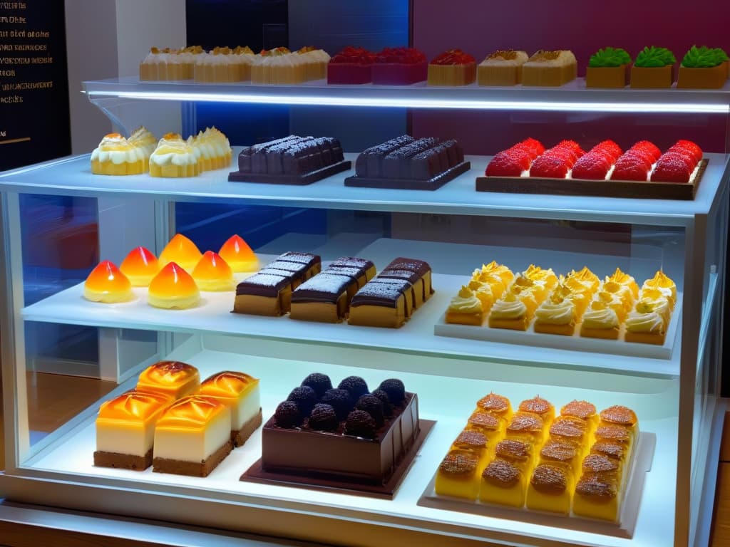  A minimalist image featuring a sleek, white dessert display case filled with an array of decadent pastries and cakes. The desserts are artfully arranged with vibrant colors and intricate designs, showcasing the variety and quality of the products. The lighting is soft and focused, highlighting the textures and details of each dessert, creating an enticing and elegant visual display. hyperrealistic, full body, detailed clothing, highly detailed, cinematic lighting, stunningly beautiful, intricate, sharp focus, f/1. 8, 85mm, (centered image composition), (professionally color graded), ((bright soft diffused light)), volumetric fog, trending on instagram, trending on tumblr, HDR 4K, 8K