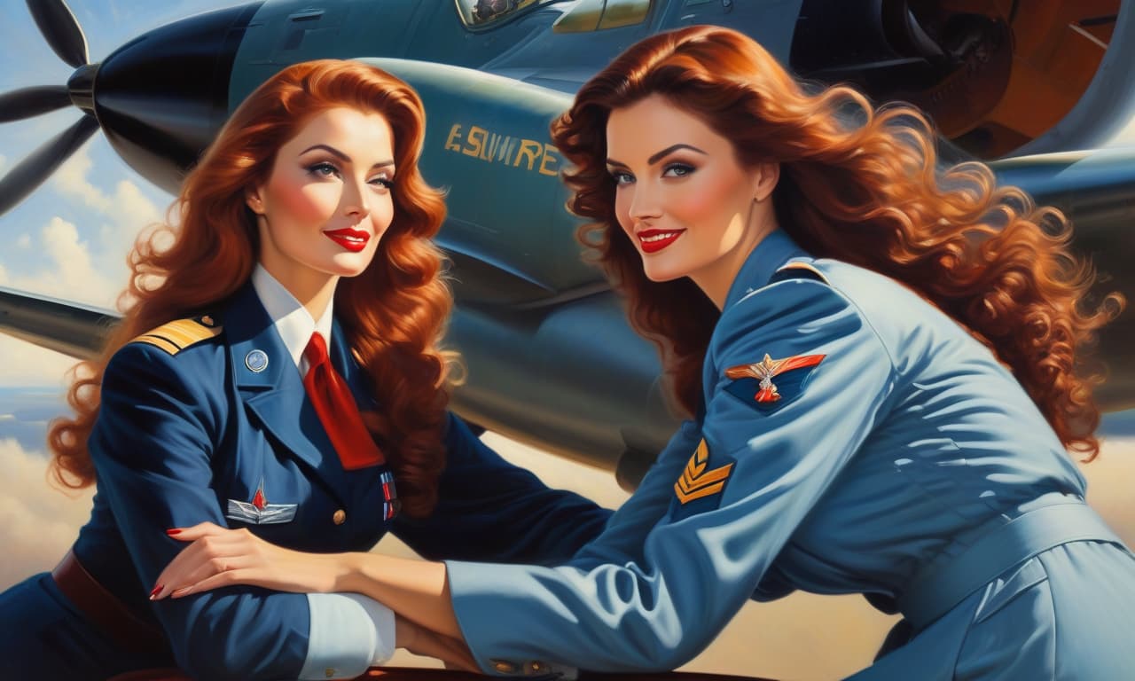  masterpiece of painting, oil painting, fine brush, A woman in an Air Force uniform is waiting for her boyfriend, she is about 20 year, elegant, smart, smiles ly, magnificent s, tall, long legged, She has lush dark red long curly hair, fresh and emphasizing the beauty of the defiant makeup and emerald eyes. From under the frivolously unoned soviet uniform dark blue with silver hardware, large open neckline, with epaulettes of lieutenant, tunic, a beautiful and expensive red black satin corset with lace trim, from under the short dark blue uniform can be seen red garters and black fishnet highly visible stockings with red lace, on her feet elegant red high heeled shoes. A behind her and outs hyperrealistic, full body, detailed clothing, highly detailed, cinematic lighting, stunningly beautiful, intricate, sharp focus, f/1. 8, 85mm, (centered image composition), (professionally color graded), ((bright soft diffused light)), volumetric fog, trending on instagram, trending on tumblr, HDR 4K, 8K