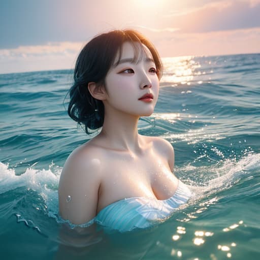  masterpiece, best quality, A Korean woman swimming in an iridescent ocean with large waves, digital art by Dan Mumford and Peter Mohrbacher. Trending on Artstation HQ 8k photorealistic highlights sharp details illustration hd octane render high coherence face detail 3D shadow depth of field lens flare lighting Unreal Engine 5 W 1024K HD HDR volumetric shading subsurface scattering shiny skin backlight