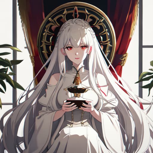  a girl manhua character with white hair and red eyes with white skin wearing noble dress and siting on the throne hyperrealistic, full body, detailed clothing, highly detailed, cinematic lighting, stunningly beautiful, intricate, sharp focus, f/1. 8, 85mm, (centered image composition), (professionally color graded), ((bright soft diffused light)), volumetric fog, trending on instagram, trending on tumblr, HDR 4K, 8K