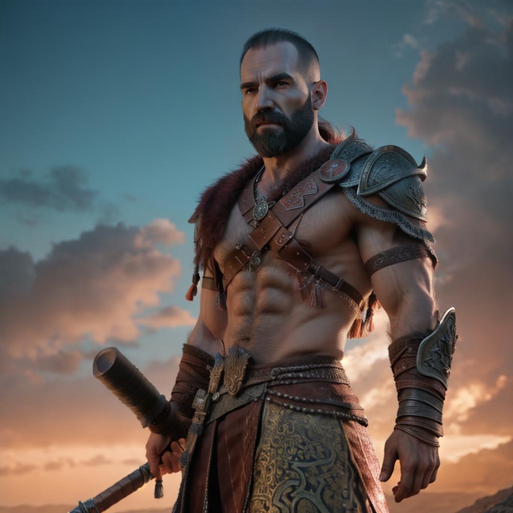  God of war hyperrealistic, full body, detailed clothing, highly detailed, cinematic lighting, stunningly beautiful, intricate, sharp focus, f/1. 8, 85mm, (centered image composition), (professionally color graded), ((bright soft diffused light)), volumetric fog, trending on instagram, trending on tumblr, HDR 4K, 8K