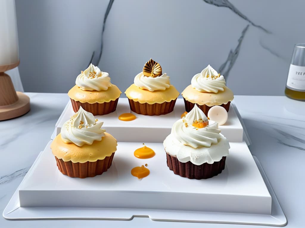  A sleek, minimalistic image showcasing an array of highend pastry molds made from various premium materials like silicone, stainless steel, and copper. The molds are elegantly arranged on a marble countertop, exuding a sense of sophistication and luxury. The lighting is soft, highlighting the intricate details and craftsmanship of each mold, creating a visually appealing and aspirational aesthetic for the audience interested in upscale baking equipment. hyperrealistic, full body, detailed clothing, highly detailed, cinematic lighting, stunningly beautiful, intricate, sharp focus, f/1. 8, 85mm, (centered image composition), (professionally color graded), ((bright soft diffused light)), volumetric fog, trending on instagram, trending on tumblr, HDR 4K, 8K