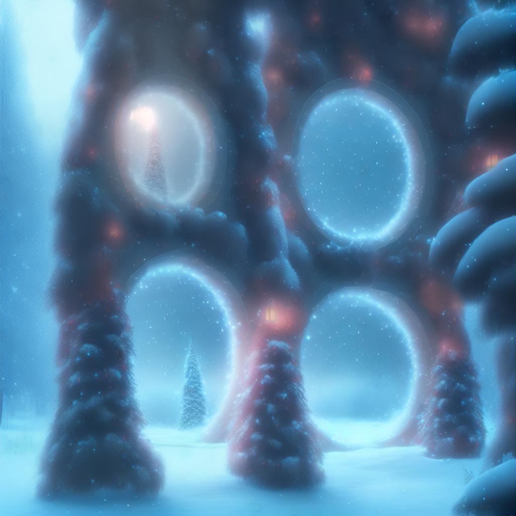  Christmas trees with a portal in between them viewing snow winter scene, fireworks, glow, artstation, hype realistic, hyperdetailed, trending
