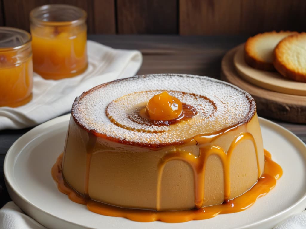  A closeup, photorealistic image of a freshly baked Malva Pudding served warm in a white ceramic dish, topped with a generous pour of decadent, glossy apricot jam sauce. The pudding appears moist, with a goldenbrown crust on top, emitting steam that swirls upwards, evoking a sense of warmth and comfort. The dish rests on a rustic wooden table, adorned with a sprig of fresh mint and scattered apricot slices, enhancing the visual appeal and inviting the viewer to indulge in this South African dessert delight. hyperrealistic, full body, detailed clothing, highly detailed, cinematic lighting, stunningly beautiful, intricate, sharp focus, f/1. 8, 85mm, (centered image composition), (professionally color graded), ((bright soft diffused light)), volumetric fog, trending on instagram, trending on tumblr, HDR 4K, 8K