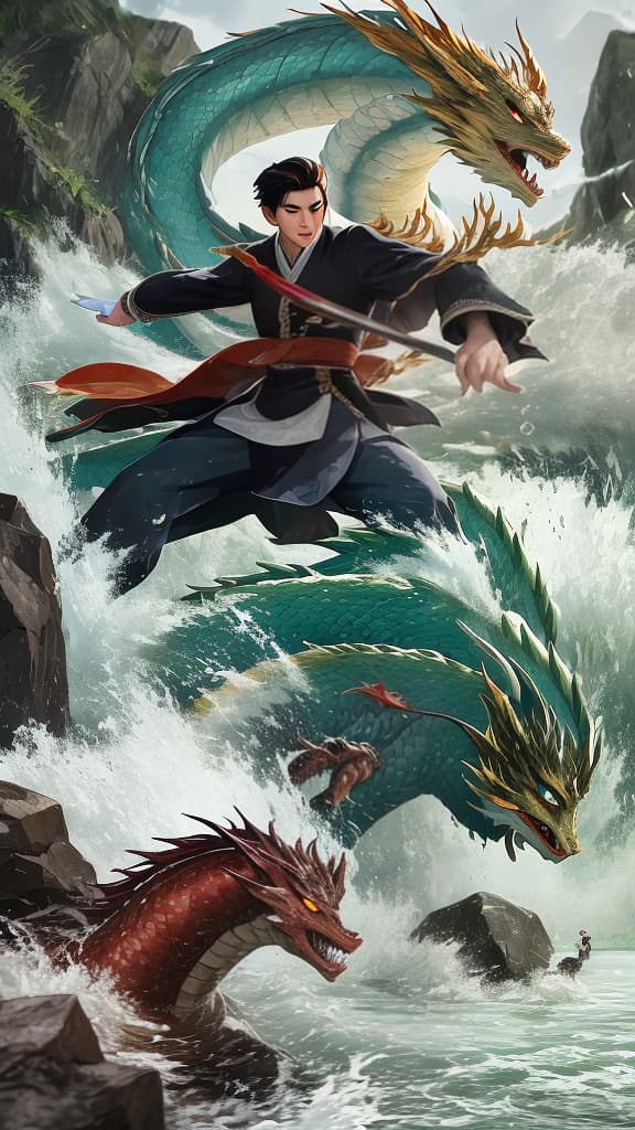  Masterpiece, best quality, Zhou Chu, a fierce and wayward young man, stands by the raging river, ready to face the flood dragon. Water hits rocks, creating a dynamic and dangerous environment. The air is filled with tension and fear as Zhou Chu prepares to face mythical creatures. The style of scene depiction is reminiscent of Studio Ghibli, and achieving this tip requires a high quality camera that is set to capture the movement and instantaneous intensity of the water.