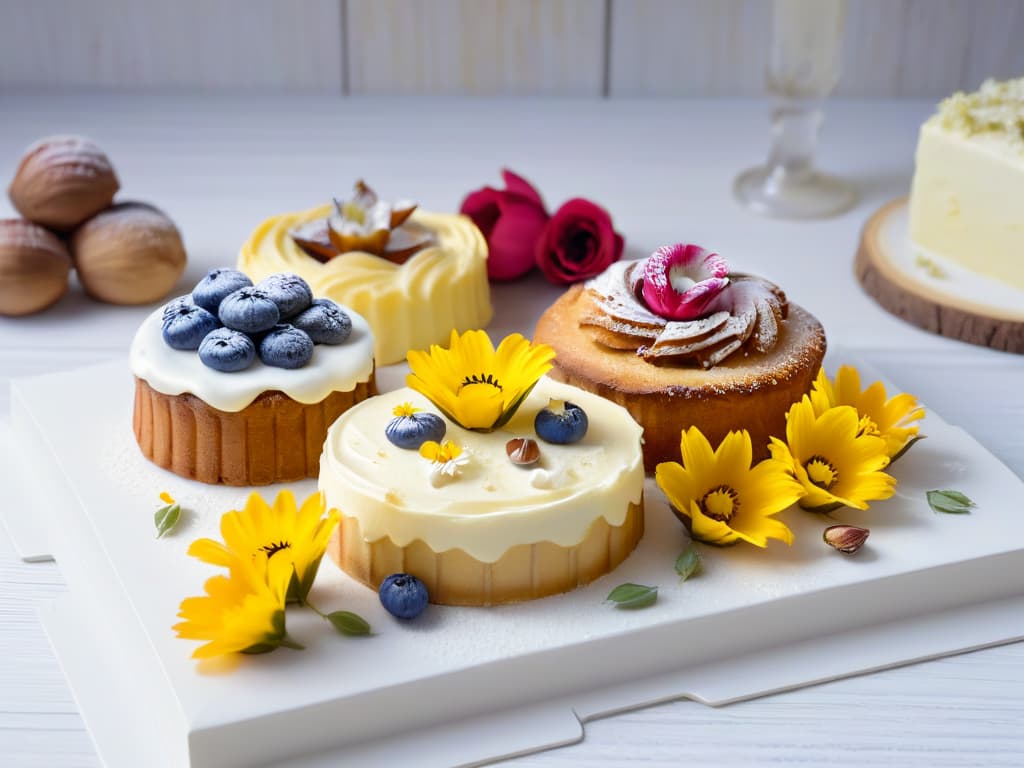  A serene and minimalist image of a beautifully arranged array of glutenfree pastries on a rustic wooden table, with soft natural light gently illuminating the scene. Each pastry is intricately decorated with delicate edible flowers and nuts, showcasing a variety of textures and colors. The focus is on the exquisite details and artistry of the pastries, evoking a sense of elegance and sophistication. hyperrealistic, full body, detailed clothing, highly detailed, cinematic lighting, stunningly beautiful, intricate, sharp focus, f/1. 8, 85mm, (centered image composition), (professionally color graded), ((bright soft diffused light)), volumetric fog, trending on instagram, trending on tumblr, HDR 4K, 8K