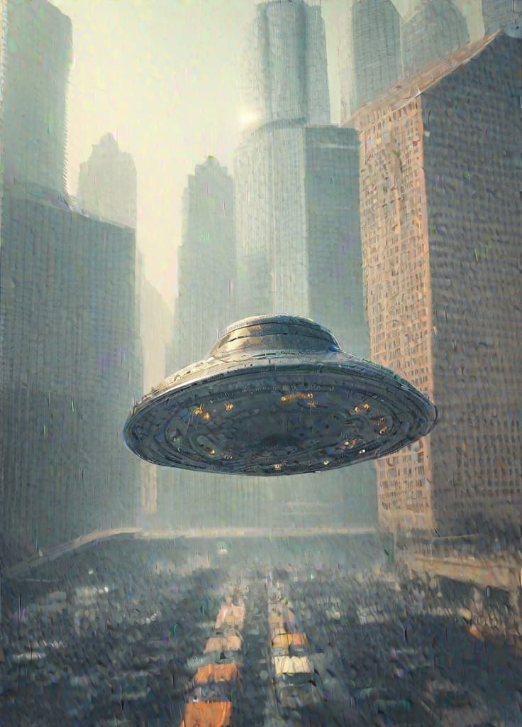  UFO hovering over a bustling American city street, with skyscrapers and urban life. Photographic style, RAW photo, high resolution, clear daylight., high resolution, ((sharp focus)), best quality, ((masterpiece))