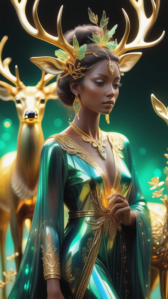  photo RAW, (Black, petrol and green:   ( real hyperdetailed brown woman:1.7), (standing by extremely delicate iridiscent deer:1.5), tiny golden accents, beautifully and intricately detailed, ethereal glow, whimsical, art by Mschiffer, best quality, glass art, magical holographic glow, shiny aura, highly detailed, gold and coral filigree, intricate motifs, organic tracery, Januz Miralles, Hikari Shimoda, glowing stardust by W. Zelmer, perfect composition, smooth, sharp focus, sparkling particles, lively coral reef background Realistic, realism, hd, 35mm photograph, 8k), masterpiece, award winning photography, natural light, perfect composition, high detail, hyper realistic, hyper detailed background)