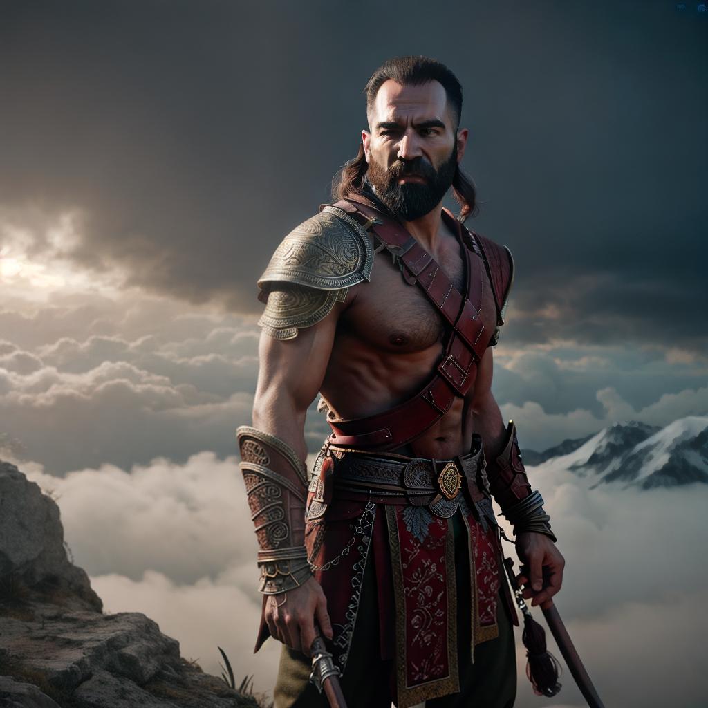  God of war hyperrealistic, full body, detailed clothing, highly detailed, cinematic lighting, stunningly beautiful, intricate, sharp focus, f/1. 8, 85mm, (centered image composition), (professionally color graded), ((bright soft diffused light)), volumetric fog, trending on instagram, trending on tumblr, HDR 4K, 8K