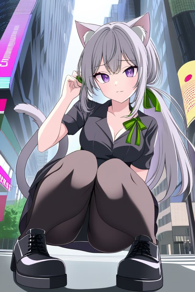  Gray hair,ponytail,low ponytail,long hair,purple eyes,sluggish expression,bundling hair with a big green ribbon,black dress,cat ears,cat tail,gray cat ears,gray cat tail,black tights,squatting,y,jito eyes,contrast,beautiful,beautiful ,black sole shoes,city,modern city、(absurd detailed:1.4、best quality:1.4、masterpiece:1.4)、Expressionless,half eyed,sluggish eyes、Green ribbon、Sleepy expression hyperrealistic, full body, detailed clothing, highly detailed, cinematic lighting, stunningly beautiful, intricate, sharp focus, f/1. 8, 85mm, (centered image composition), (professionally color graded), ((bright soft diffused light)), volumetric fog, trending on instagram, trending on tumblr, HDR 4K, 8K