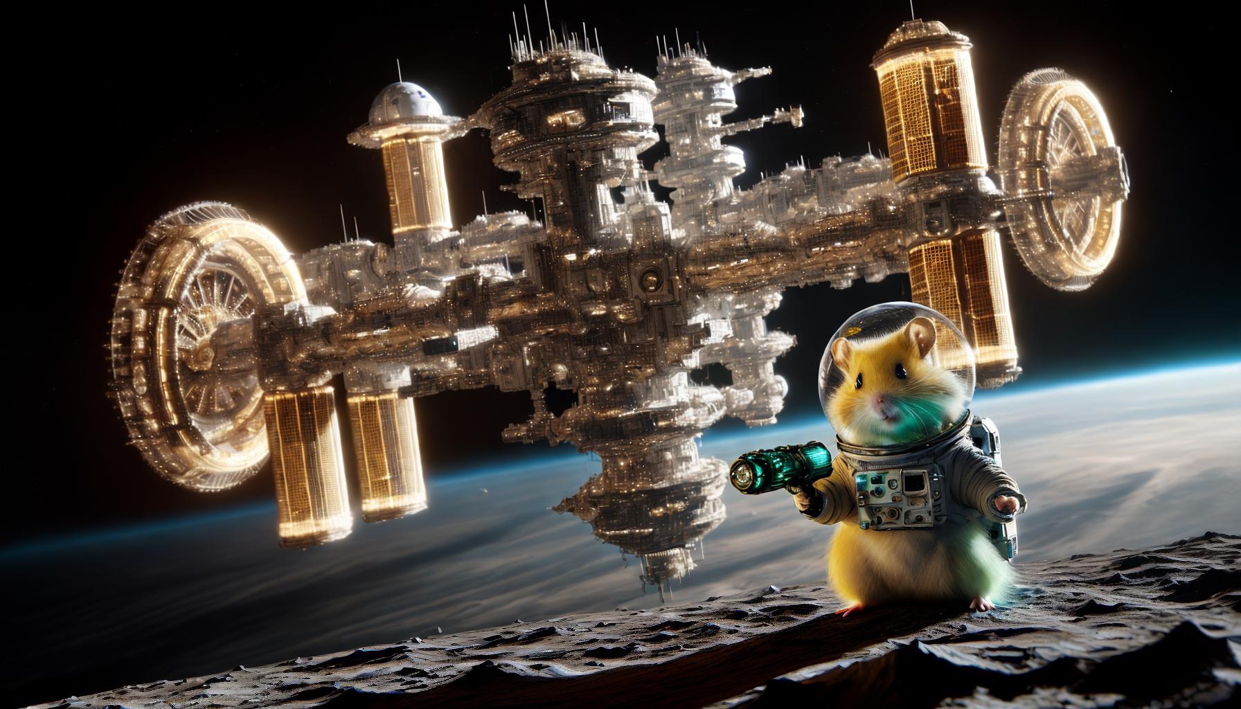  masterpiece, best quality,A hyper-realistic, spacesuit-wearing yellow hamster is playing with an AK-47 in front of a massive space station.,,Anime,comic style,lovely,dynamic,colorful,exaggerated design,clear lines,emphasize eye contact,fantasy world, masterpiece:1.2, best quality:1.2,8k