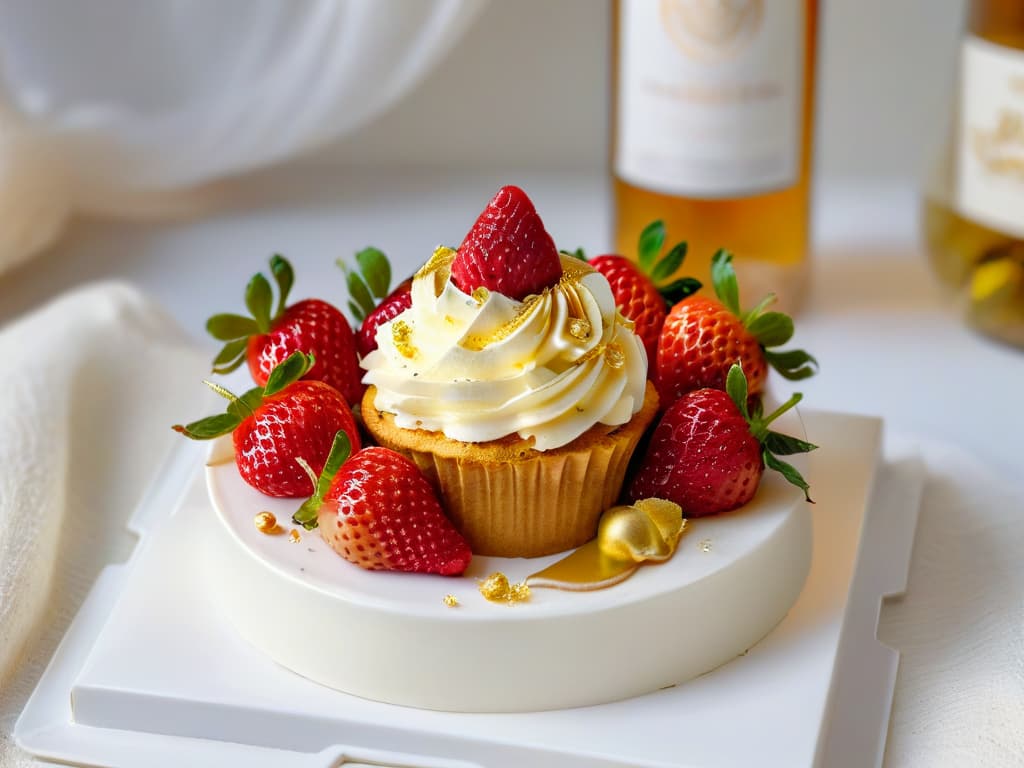  A highresolution, minimalist image of a luxurious champagne cupcake elegantly decorated with fresh strawberries and edible gold flakes on a sleek, modern white plate. The cupcake is delicately placed on a marble countertop, surrounded by scattered ripe strawberries and a bottle of champagne chilling in an ice bucket in the background. The lighting is soft, accentuating the vibrant colors of the strawberries and the shimmer of the gold flakes, creating a visually stunning and sophisticated composition that embodies the essence of luxury dessert presentation. hyperrealistic, full body, detailed clothing, highly detailed, cinematic lighting, stunningly beautiful, intricate, sharp focus, f/1. 8, 85mm, (centered image composition), (professionally color graded), ((bright soft diffused light)), volumetric fog, trending on instagram, trending on tumblr, HDR 4K, 8K