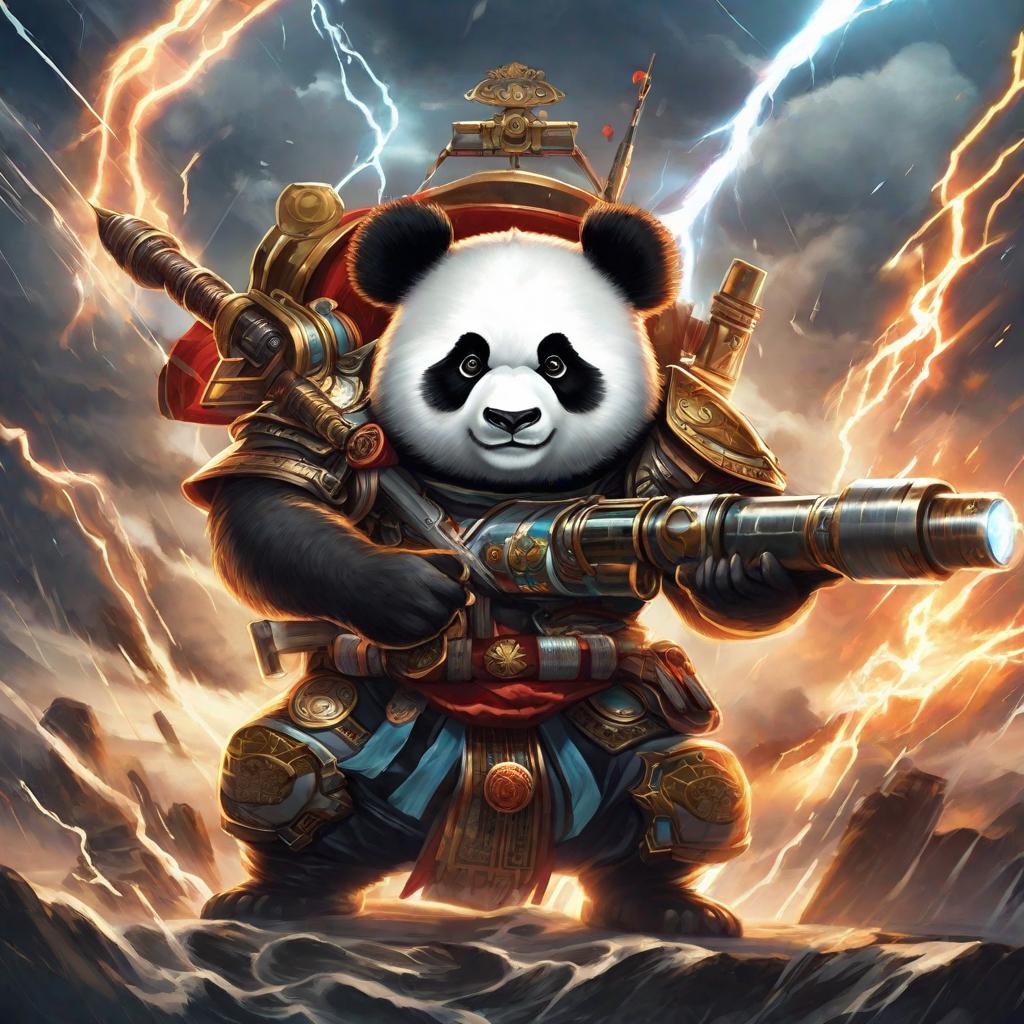  Panda, tall, broad shoulders, round waist, face full of anger like momentum, eyes bright, eyes full of firm faith, wearing special combat uniform, hand holding rocket launcher.Sea storm, lightning and thunder.