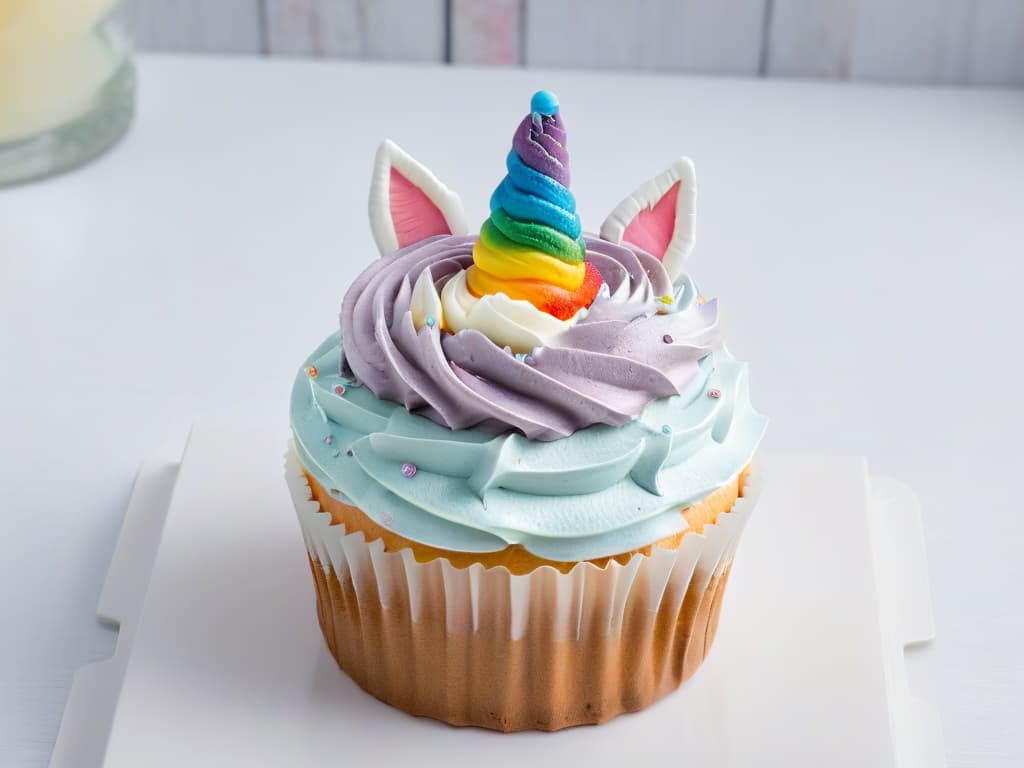  An ultradetailed image of a perfectly frosted cupcake with vibrant rainbow swirls of icing, topped with a delicate fondant unicorn horn, ears, and colorful edible glitter. The cupcake sits on a pristine white background, showcasing every intricate detail of the frosting design and unicorn decorations. hyperrealistic, full body, detailed clothing, highly detailed, cinematic lighting, stunningly beautiful, intricate, sharp focus, f/1. 8, 85mm, (centered image composition), (professionally color graded), ((bright soft diffused light)), volumetric fog, trending on instagram, trending on tumblr, HDR 4K, 8K