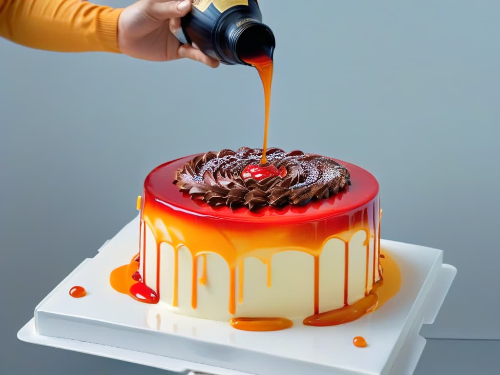  An ultracloseup, 8k resolution image of a glossy mirror glaze being poured over a perfectly smooth cake, capturing the mesmerizing moment of reflection and the intricate details of the glaze settling on the surface. The vibrant color of the glaze contrasts beautifully with the pristine white cake underneath, showcasing the precision and artistry of the glazing process in exquisite detail. hyperrealistic, full body, detailed clothing, highly detailed, cinematic lighting, stunningly beautiful, intricate, sharp focus, f/1. 8, 85mm, (centered image composition), (professionally color graded), ((bright soft diffused light)), volumetric fog, trending on instagram, trending on tumblr, HDR 4K, 8K