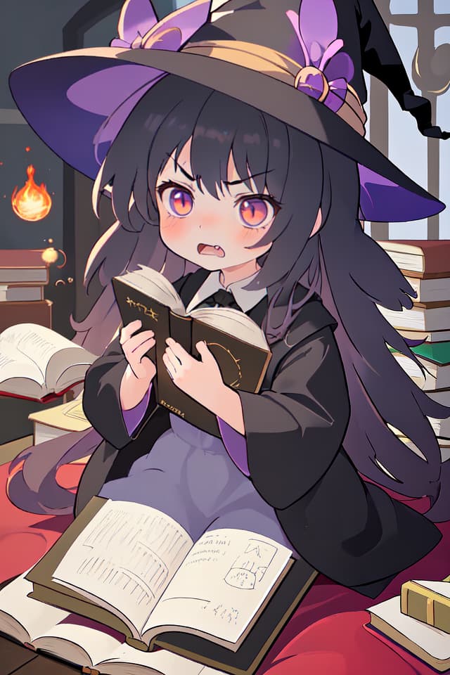  A little girl, long hair, wearing a witch hat, opening a magic book, angry