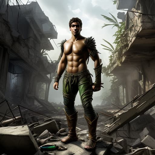  hero of a fantasy game. in a destroyed city. holding a jungle bottle