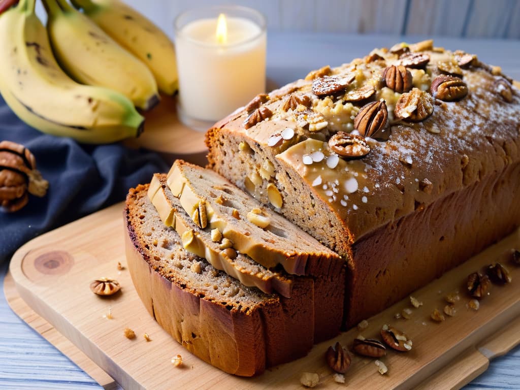  An ultradetailed closeup image of a freshly baked walnut and banana bread loaf, sprinkled with crushed walnuts on top. The bread is placed on a rustic wooden cutting board, with a few whole walnuts scattered around, showcasing the golden crust and moist interior of the bread. The lighting is soft and warm, highlighting the texture of the bread and the natural colors of the ingredients. hyperrealistic, full body, detailed clothing, highly detailed, cinematic lighting, stunningly beautiful, intricate, sharp focus, f/1. 8, 85mm, (centered image composition), (professionally color graded), ((bright soft diffused light)), volumetric fog, trending on instagram, trending on tumblr, HDR 4K, 8K