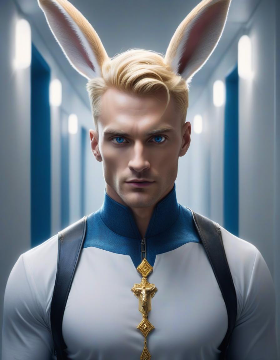  A realistic, beautiful man a blonde, has rabbit like long ears on his head, the blonde man has yellow eyes, and he walks down a hallway, illuminated with blue spotlights, crosses his arms over his chest, sharp focus, clear bright eyes, well drawn details, bright and alive eyes, fantastic art, intricate design, super detailed, clear focus, 8k, high resolution, elegant. hyperrealistic, full body, detailed clothing, highly detailed, cinematic lighting, stunningly beautiful, intricate, sharp focus, f/1. 8, 85mm, (centered image composition), (professionally color graded), ((bright soft diffused light)), volumetric fog, trending on instagram, trending on tumblr, HDR 4K, 8K