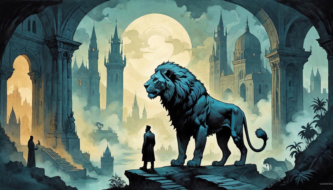  on parchment, surrealism+++, Silhouetted figure facing a spectral lion, contemporary den, cityscape behind, modern trials, confidence amidst the urban jungle(mysterious, provocative, symbolic,muted color)+++