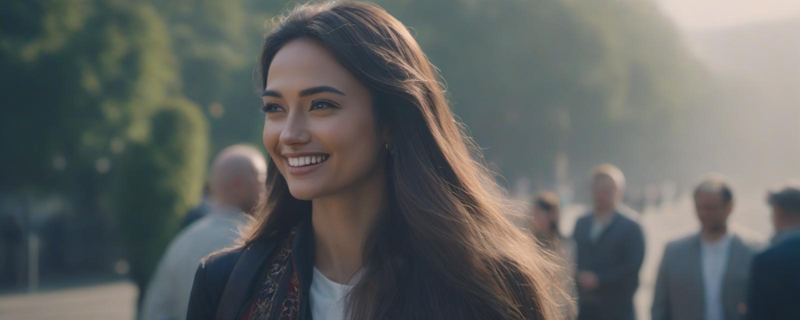  A long haired girl looks at a man and smiles. hyperrealistic, full body, detailed clothing, highly detailed, cinematic lighting, stunningly beautiful, intricate, sharp focus, f/1. 8, 85mm, (centered image composition), (professionally color graded), ((bright soft diffused light)), volumetric fog, trending on instagram, trending on tumblr, HDR 4K, 8K